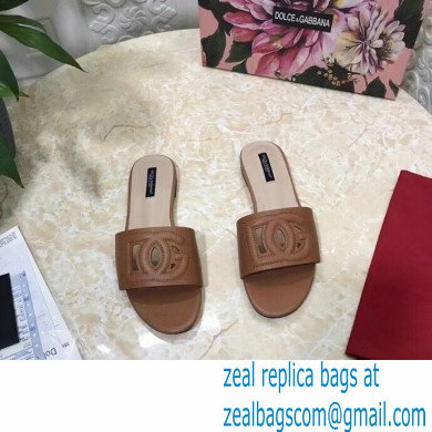 Dolce  &  Gabbana Calfskin Flat Sliders Brown With DG Millennials Logo 2021